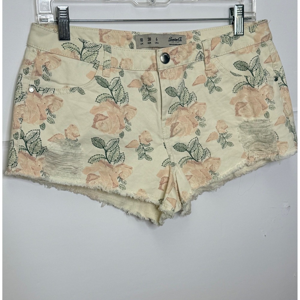 Denim Co Floral Micro Shorts Womens 6 Cream Peach Raw Hem Boho Soft Girl Cottage